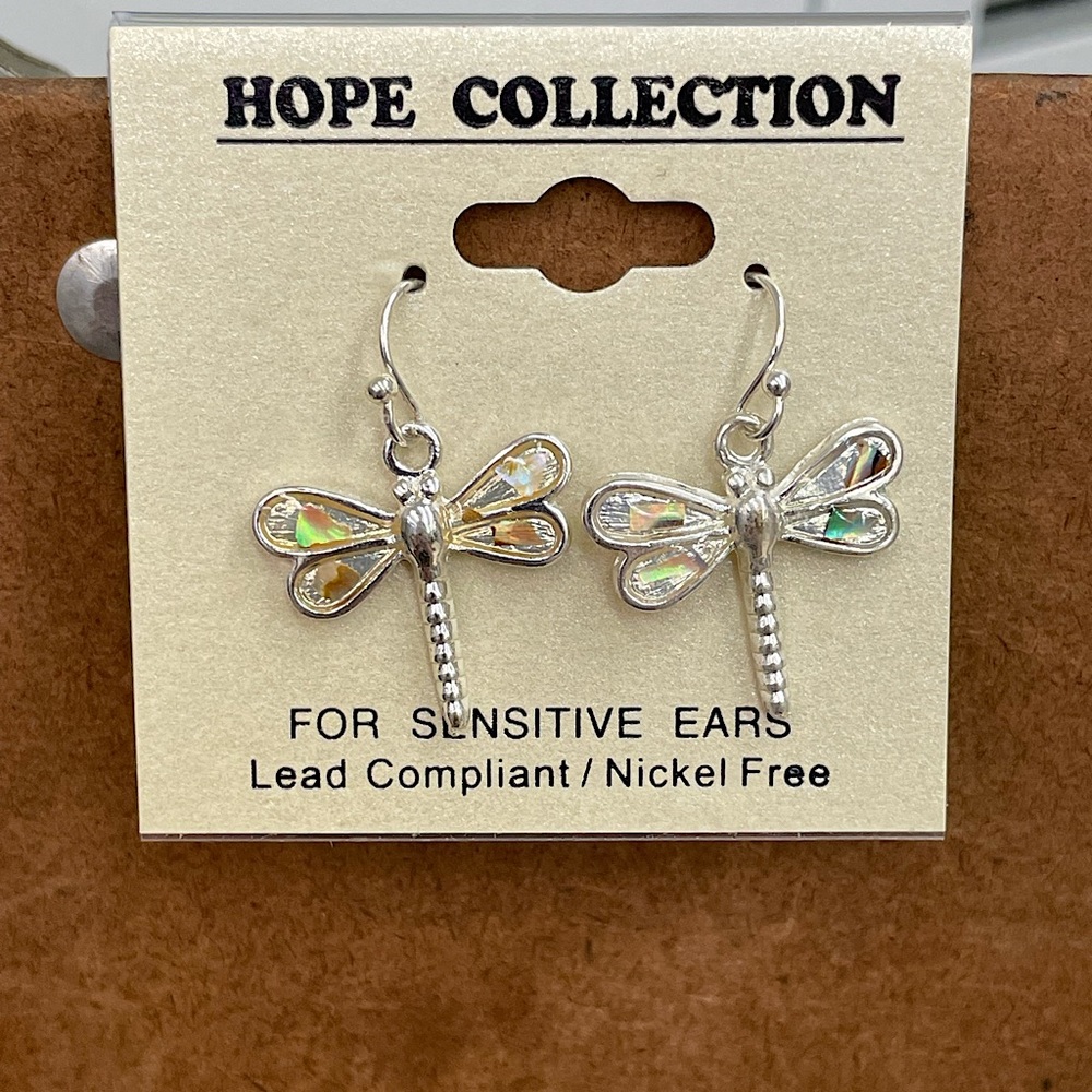 Silver tone Abalone Dragon Fly Earrings